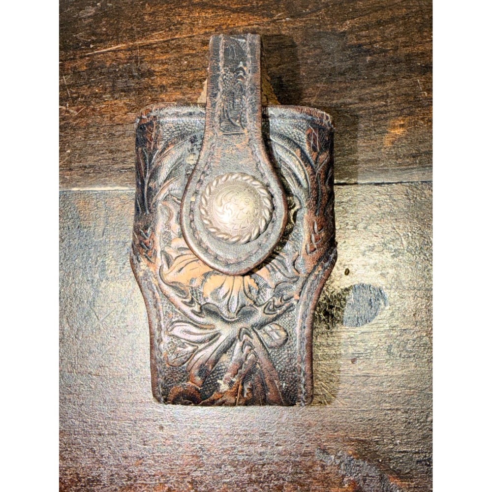 Hand Tooled Western Leather Belt Pouch Clip On Holster Tool Holder Rustic Floral